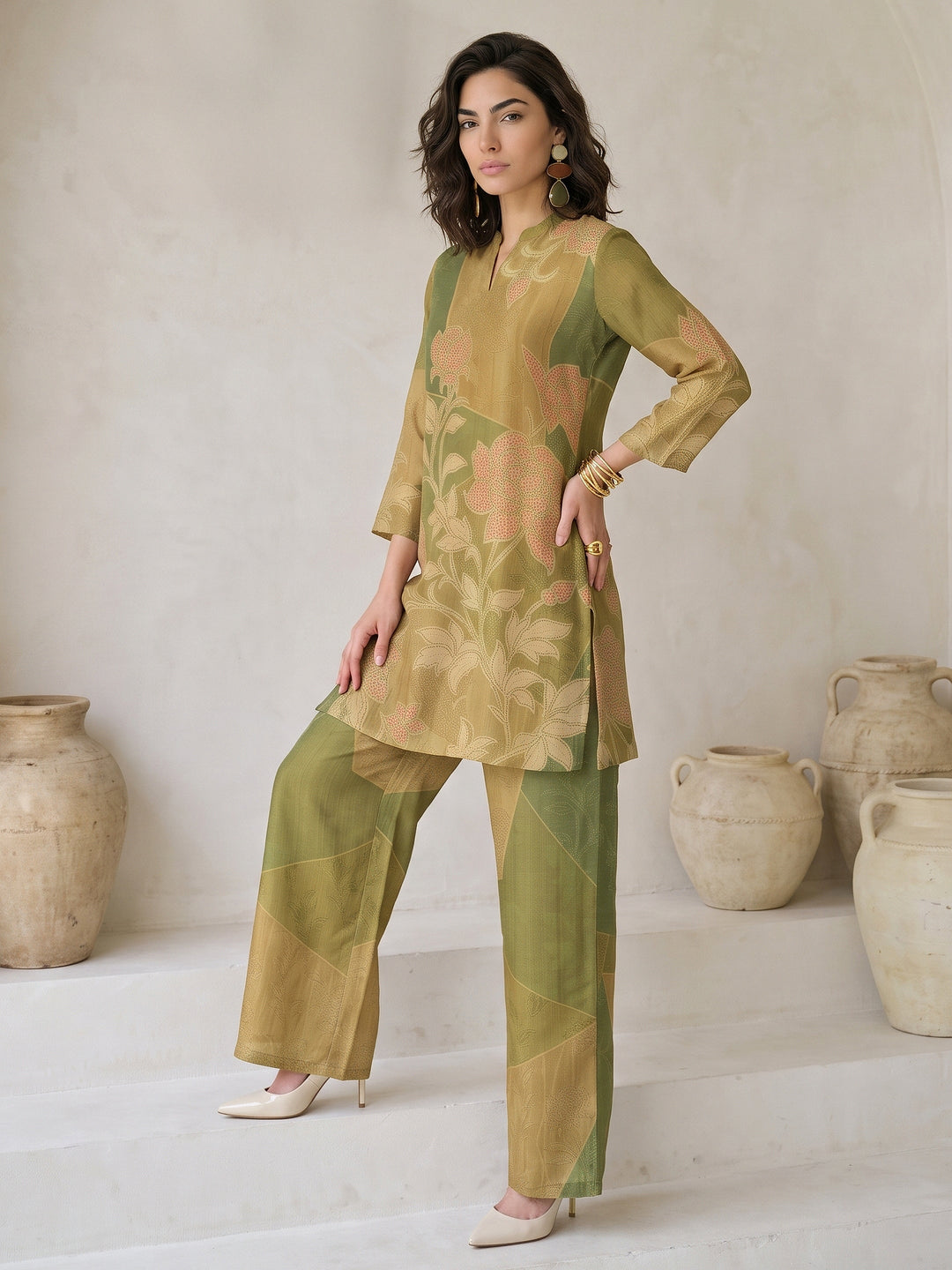  Libas Green Floral Printed Muslin Straight Kurta Set 