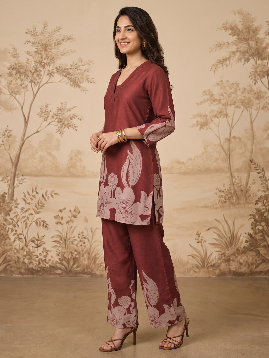  Libas Maroon Floral Printed Muslin Straight Kurta Set 