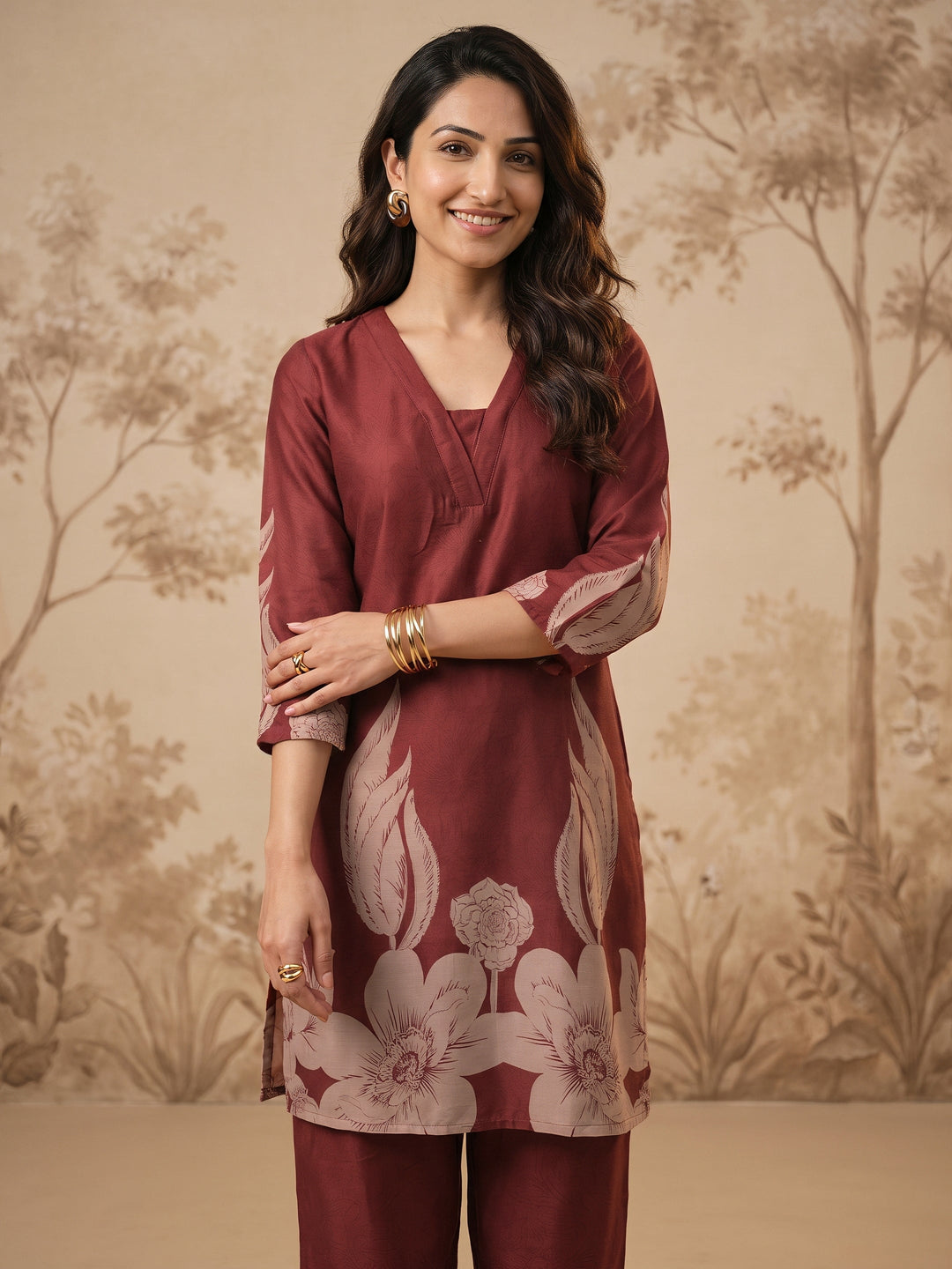  Libas Maroon Floral Printed Muslin Straight Kurta Set 