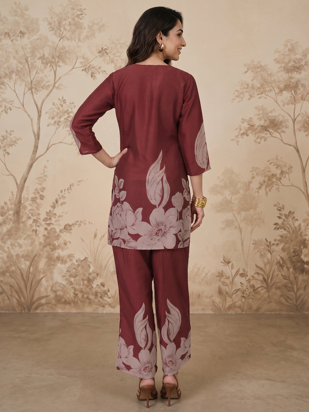  Libas Maroon Floral Printed Muslin Straight Kurta Set 