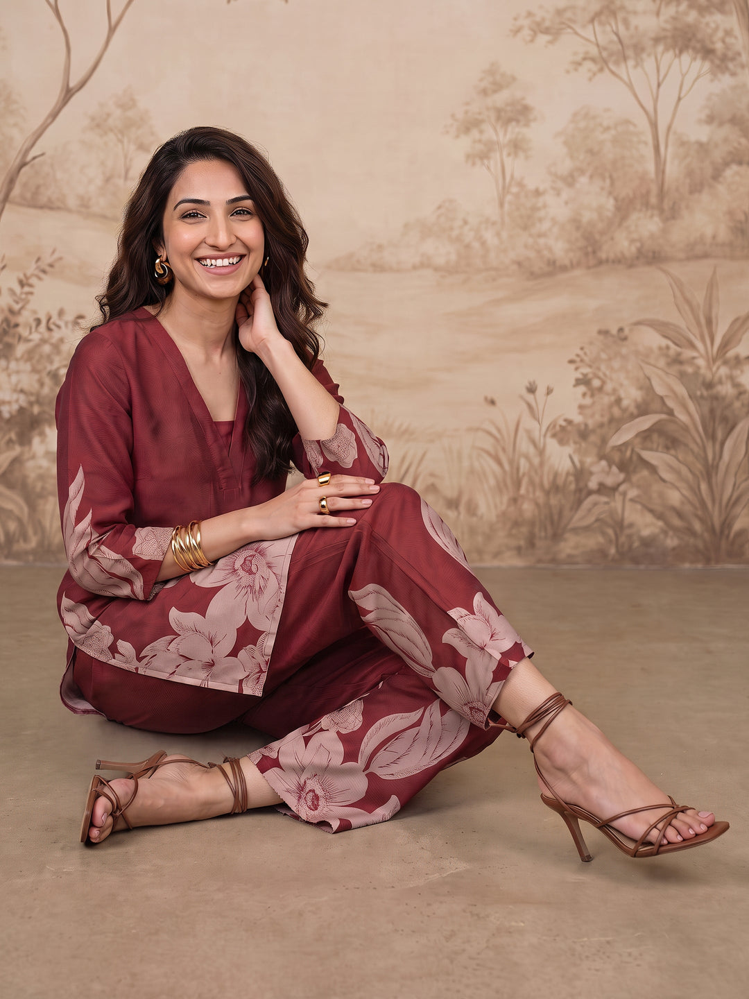  Libas Maroon Floral Printed Muslin Straight Kurta Set 
