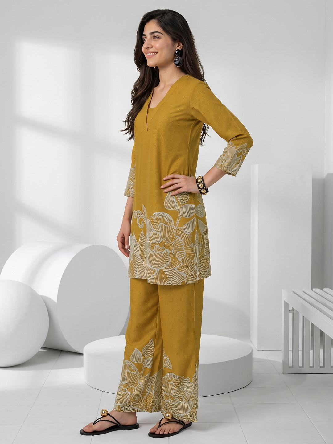  Libas Mustard Floral Printed Muslin Straight Kurta Set 