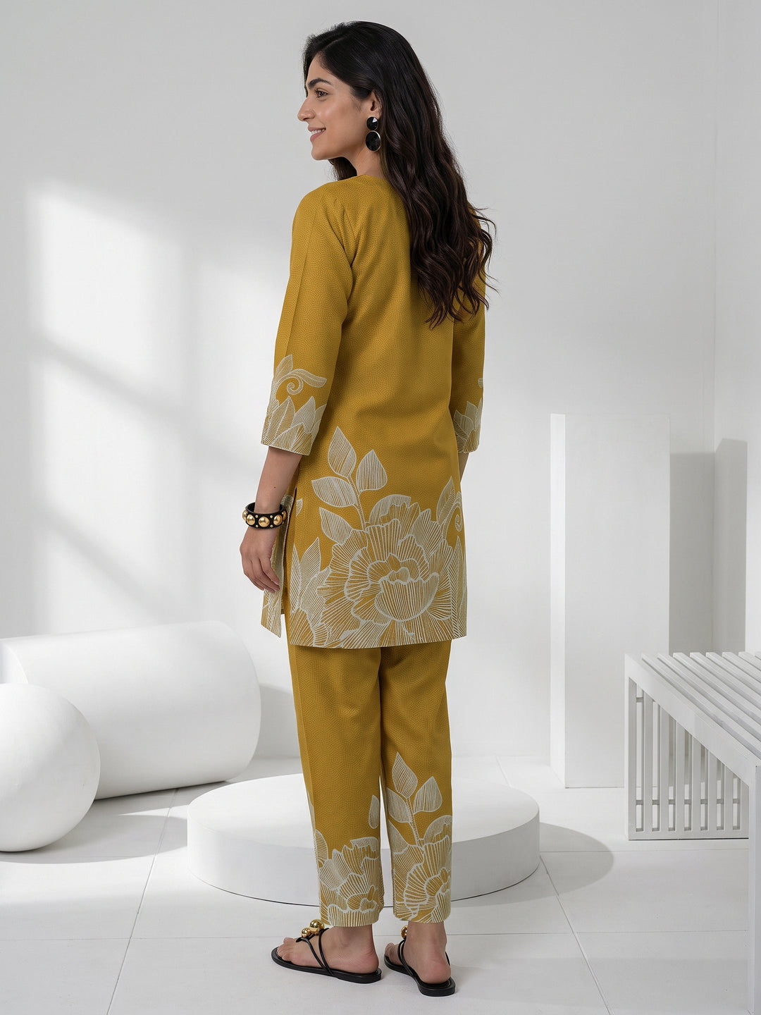  Libas Mustard Floral Printed Muslin Straight Kurta Set 