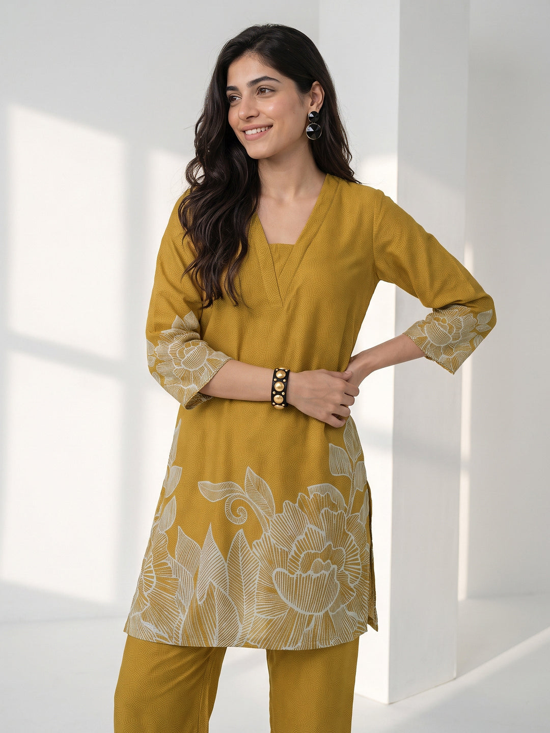  Libas Mustard Floral Printed Muslin Straight Kurta Set 