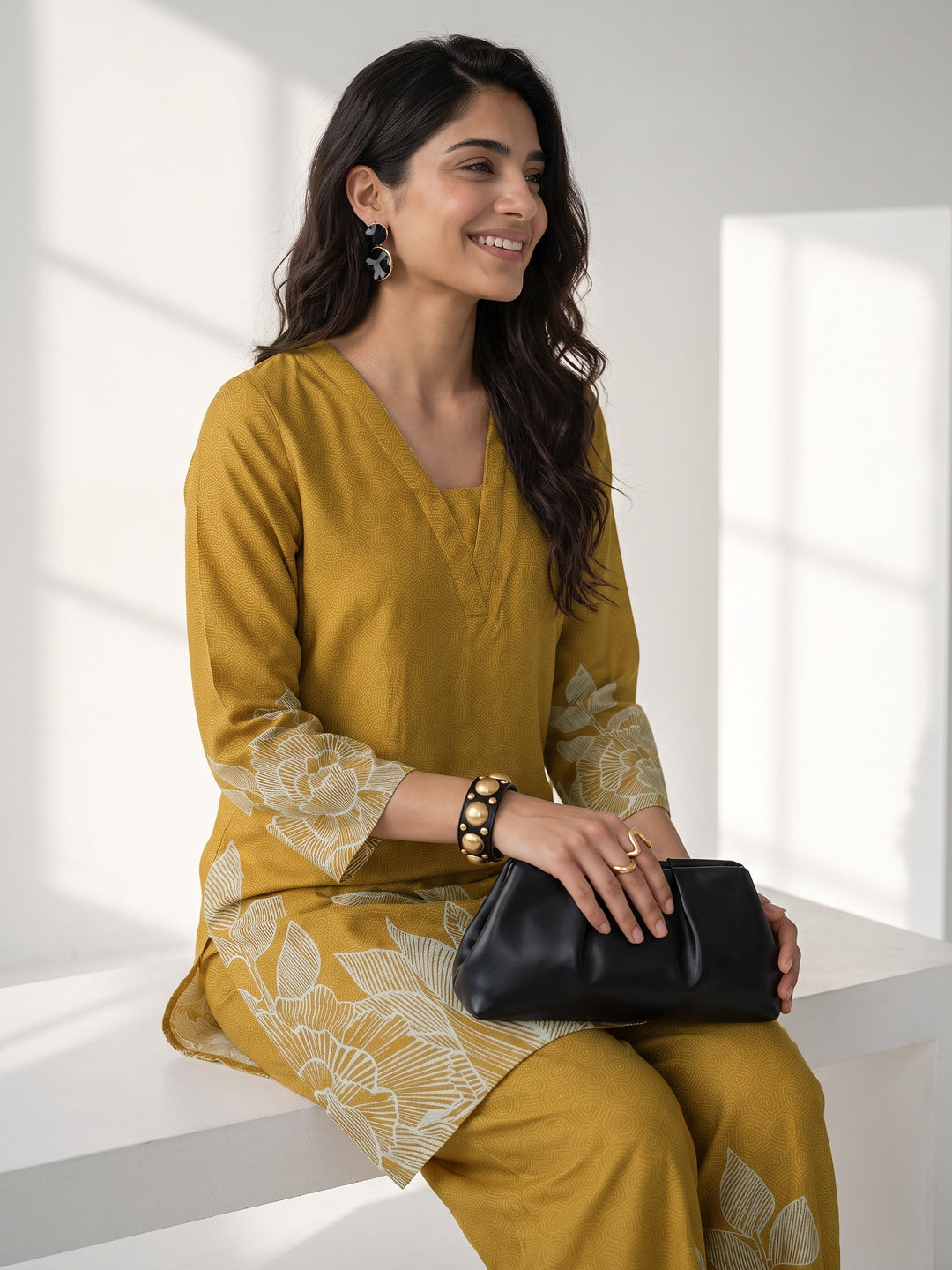  Libas Mustard Floral Printed Muslin Straight Kurta Set 