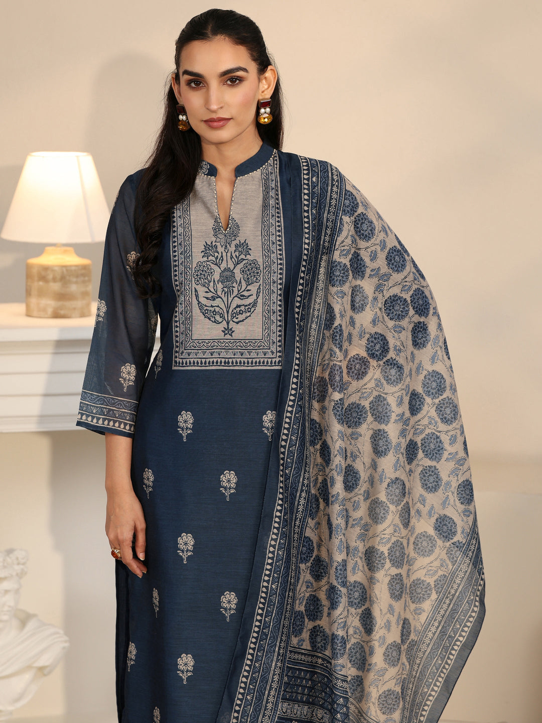  Libas Navy Blue Printed Yoke Chanderi Silk Straight Suit Set 