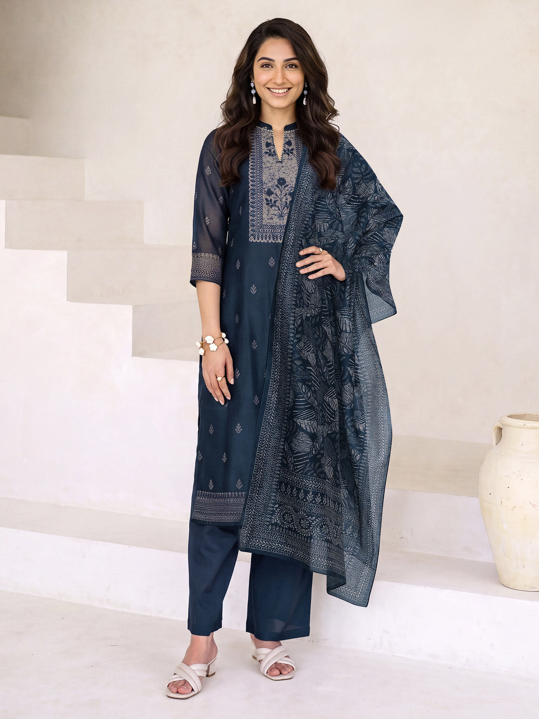  Libas Teal Blue Floral Printed Chanderi Silk Straight Suit Set 