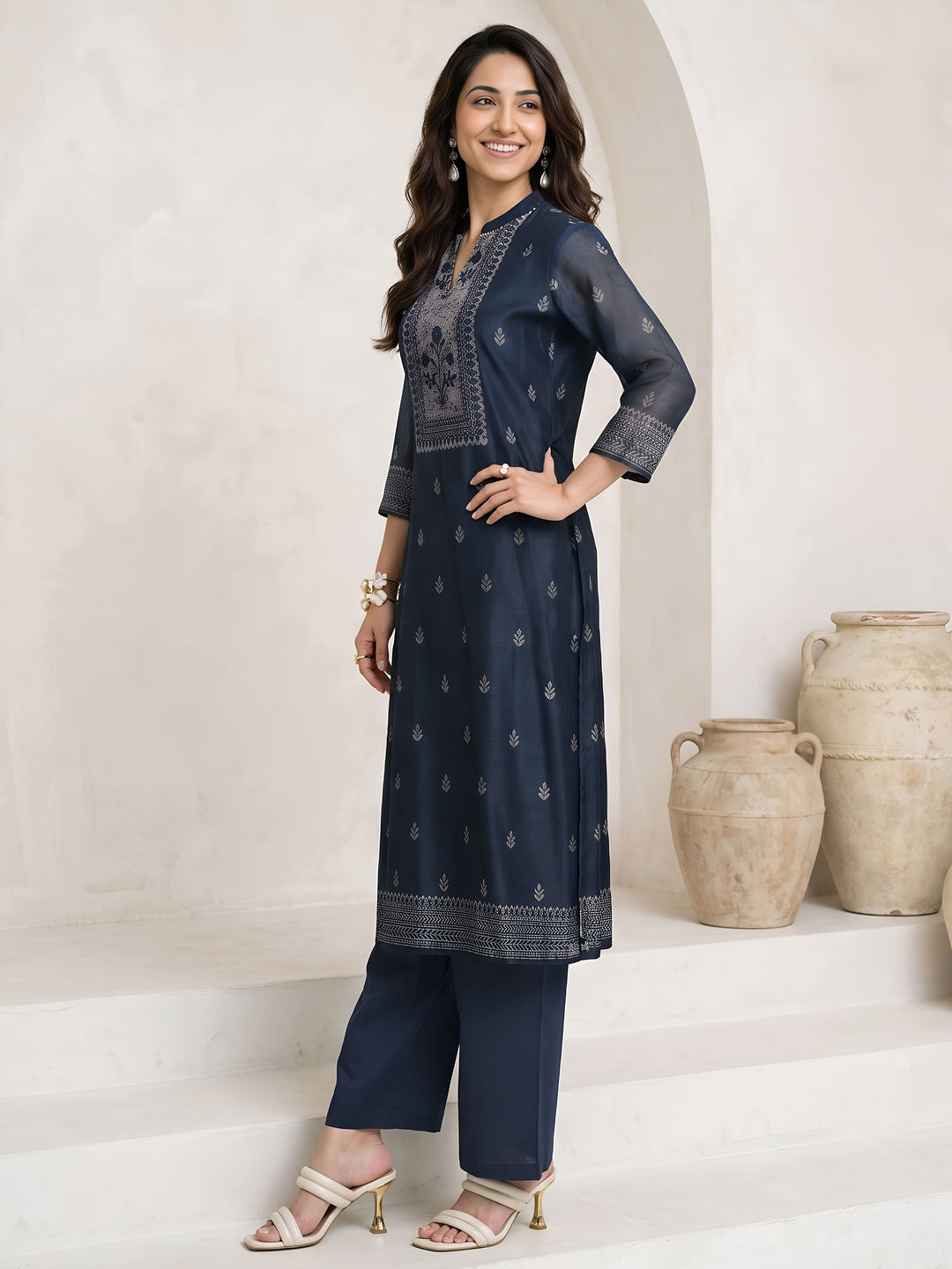  Libas Teal Blue Floral Printed Chanderi Silk Straight Suit Set 