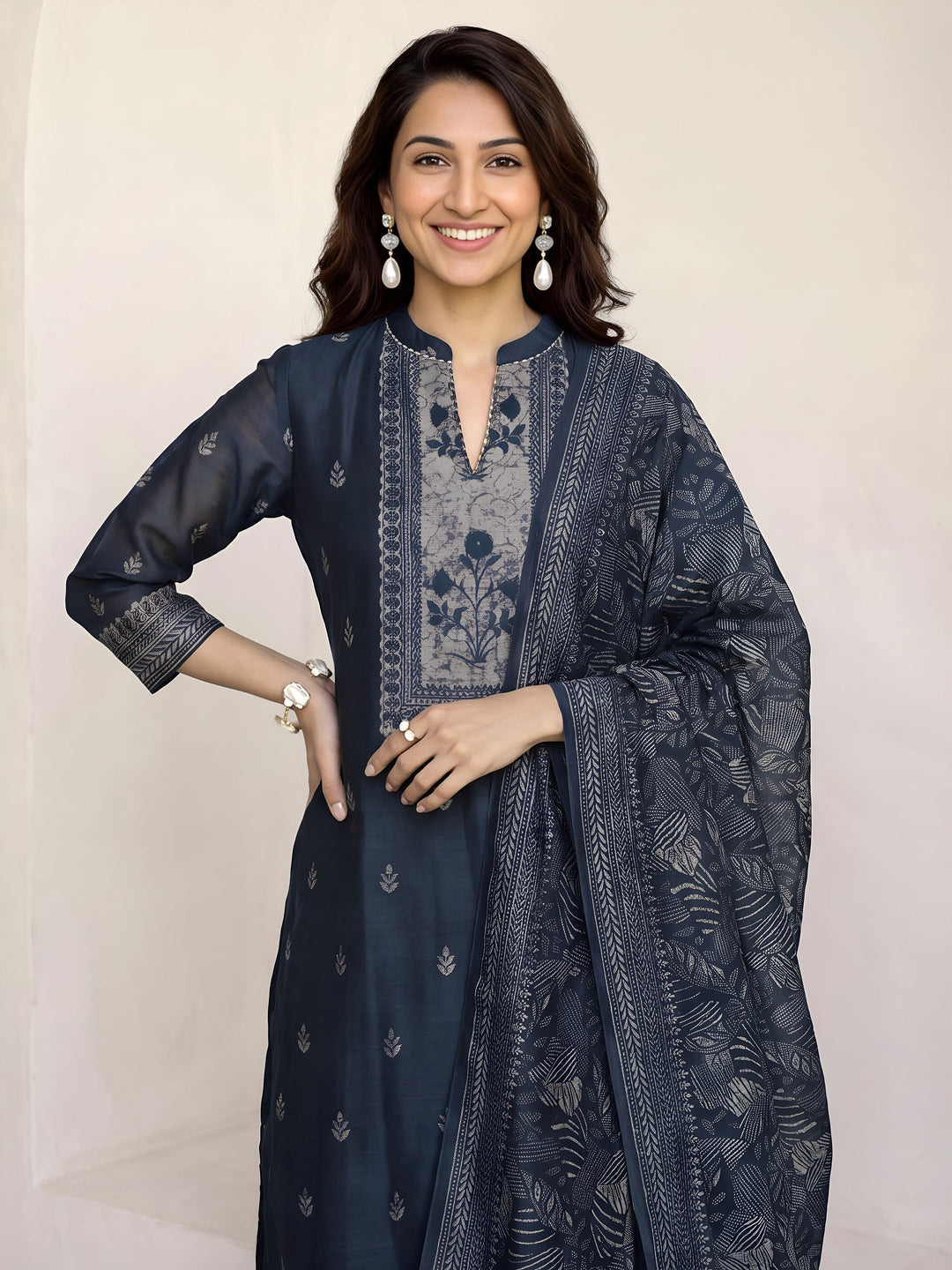  Libas Teal Blue Floral Printed Chanderi Silk Straight Suit Set 