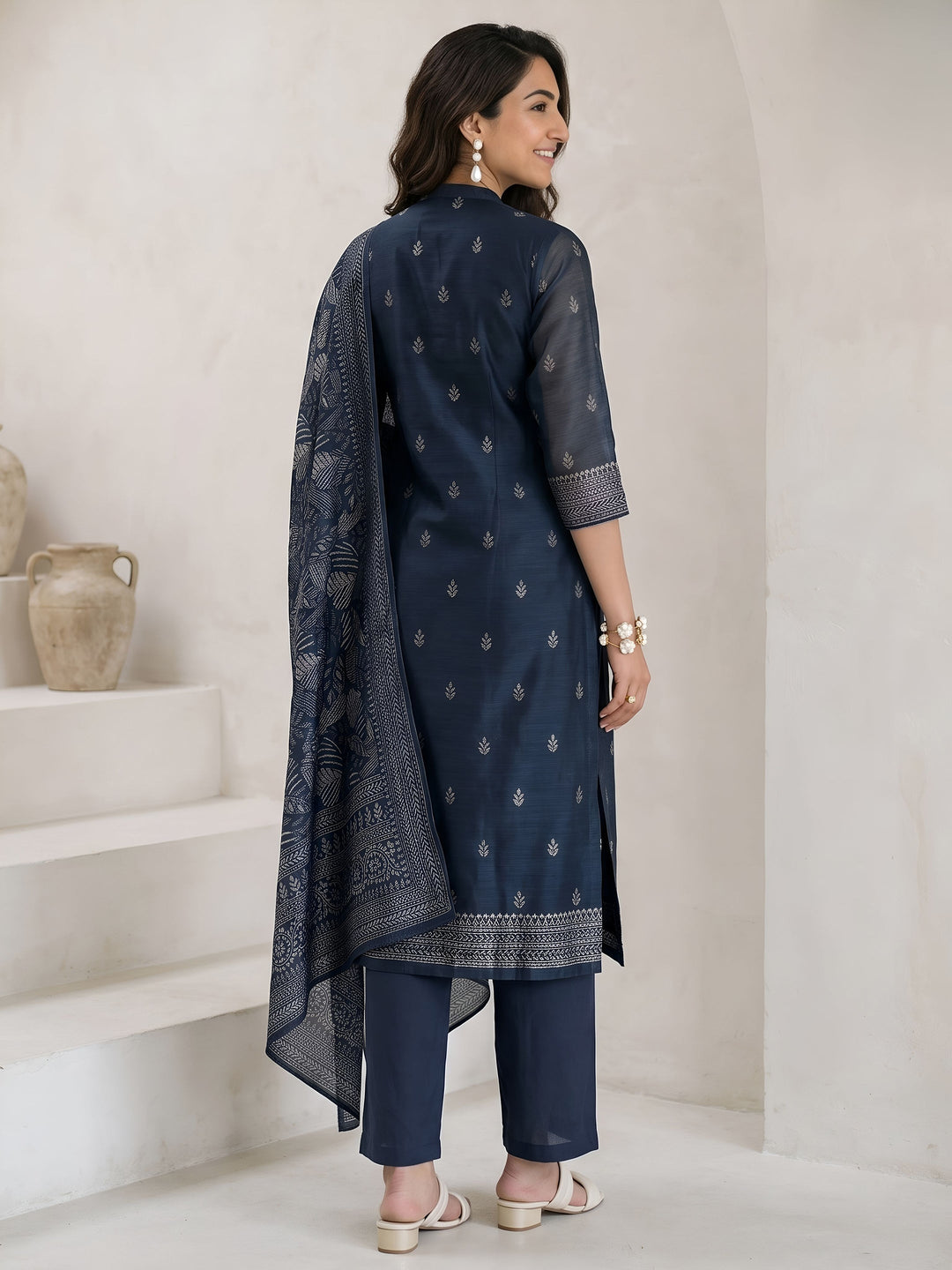  Libas Teal Blue Floral Printed Chanderi Silk Straight Suit Set 