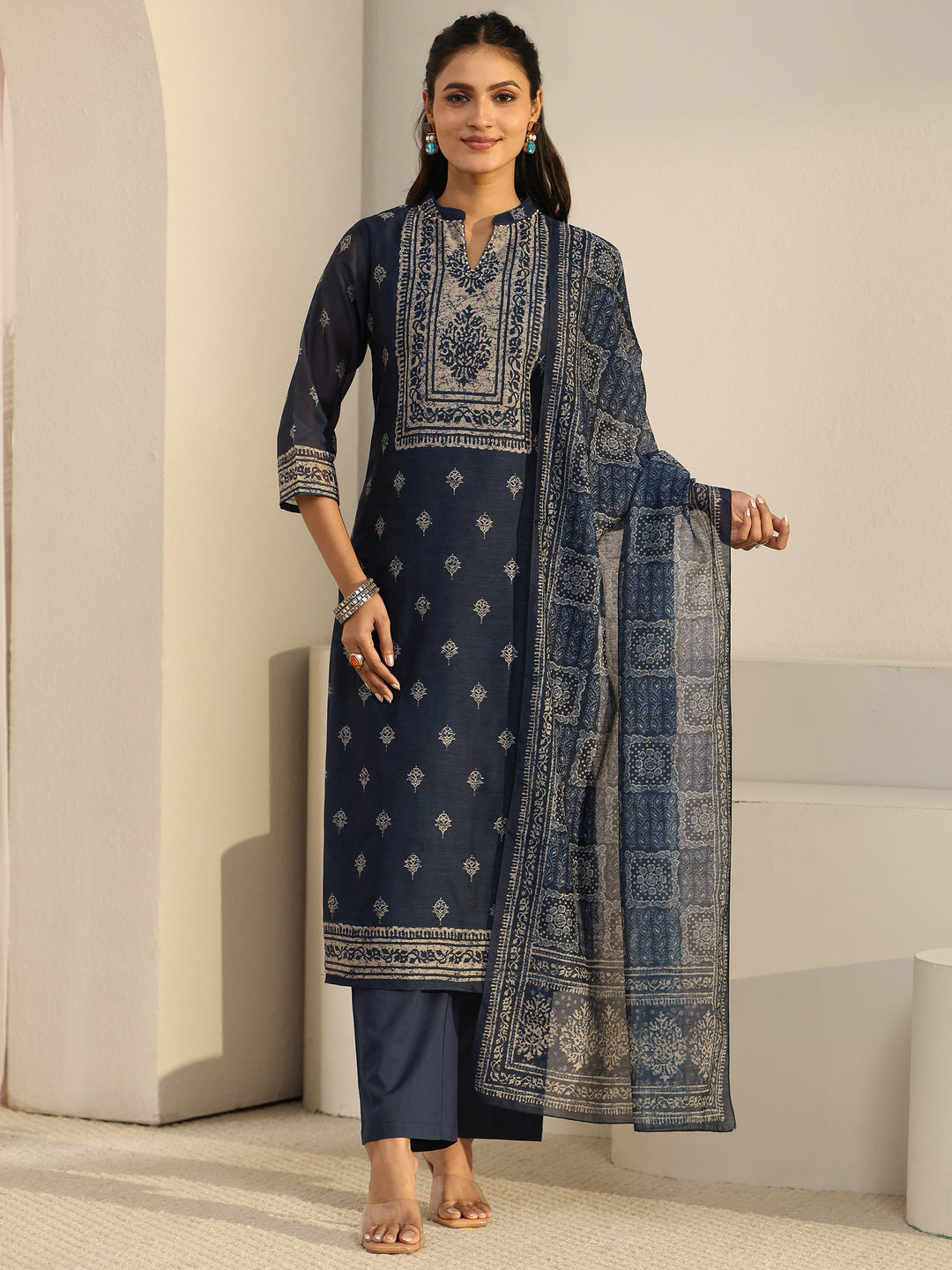  Libas Indigo Blue Printed Chanderi Silk Straight Suit Set 