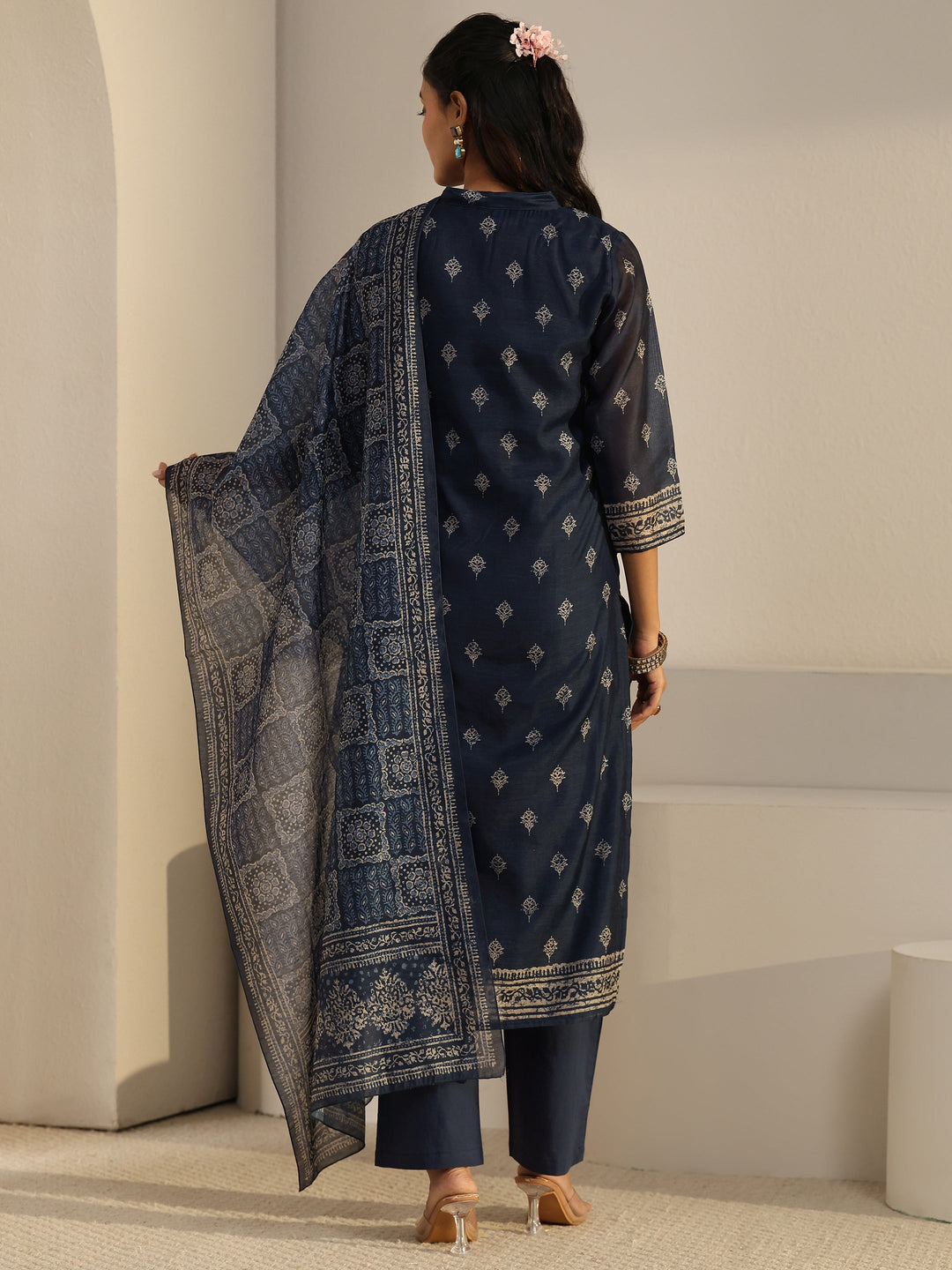  Libas Indigo Blue Printed Chanderi Silk Straight Suit Set 