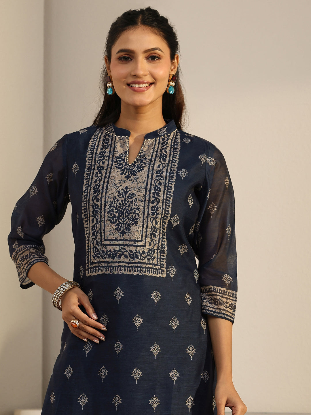  Libas Indigo Blue Printed Chanderi Silk Straight Suit Set 