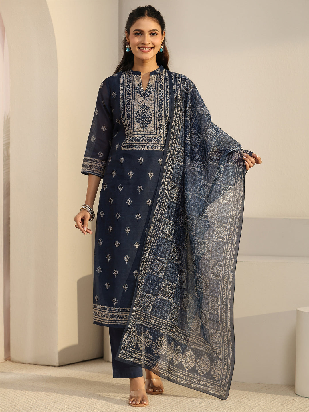  Libas Indigo Blue Printed Chanderi Silk Straight Suit Set 