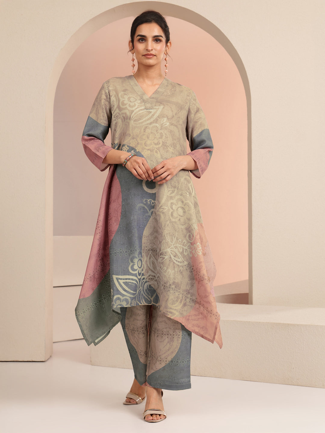  Beige Floral Printed Linen A-Line Kurta Set 
