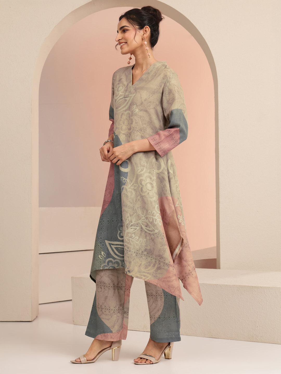  Beige Floral Printed Linen A-Line Kurta Set 