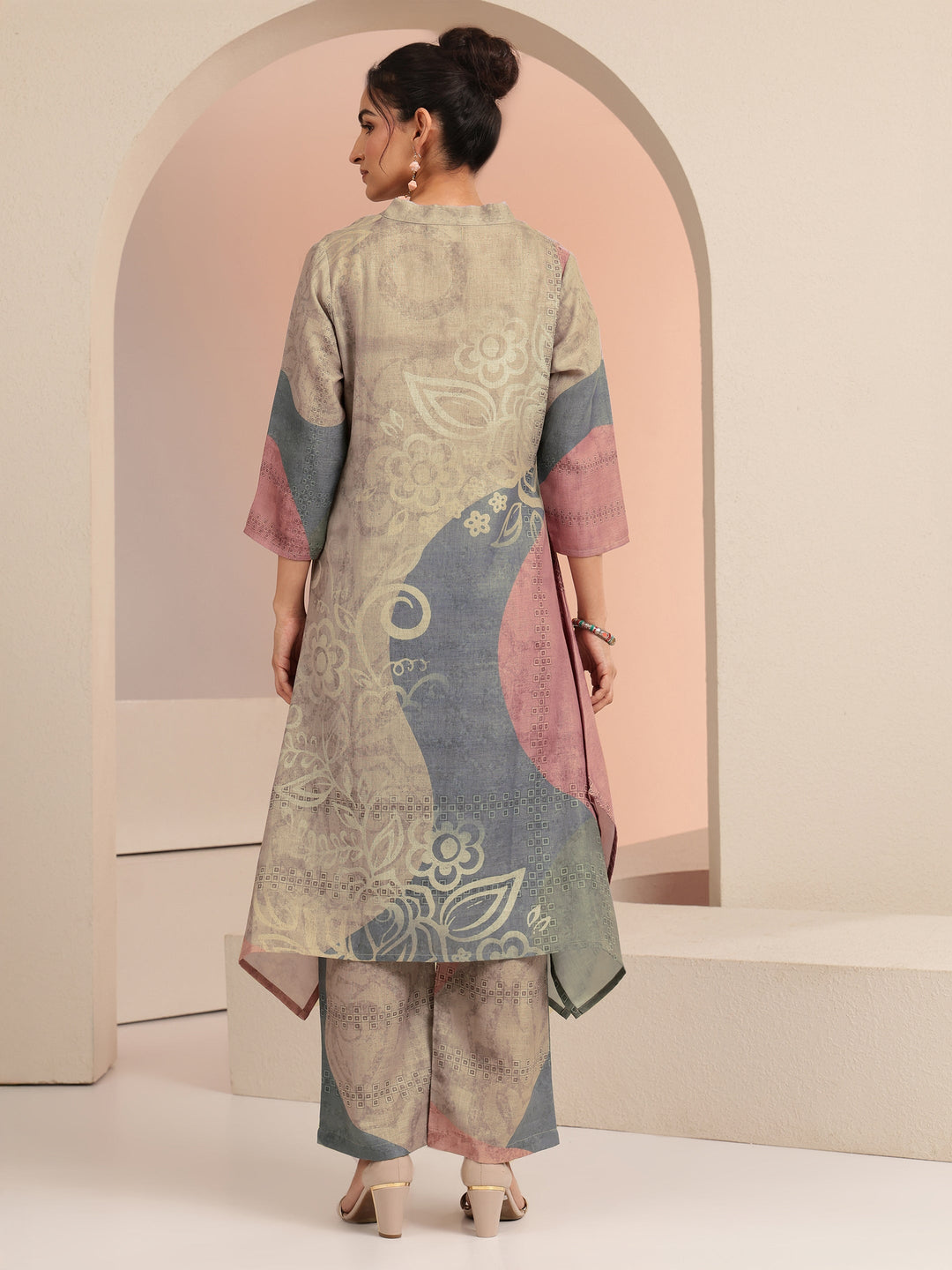  Beige Floral Printed Linen A-Line Kurta Set 