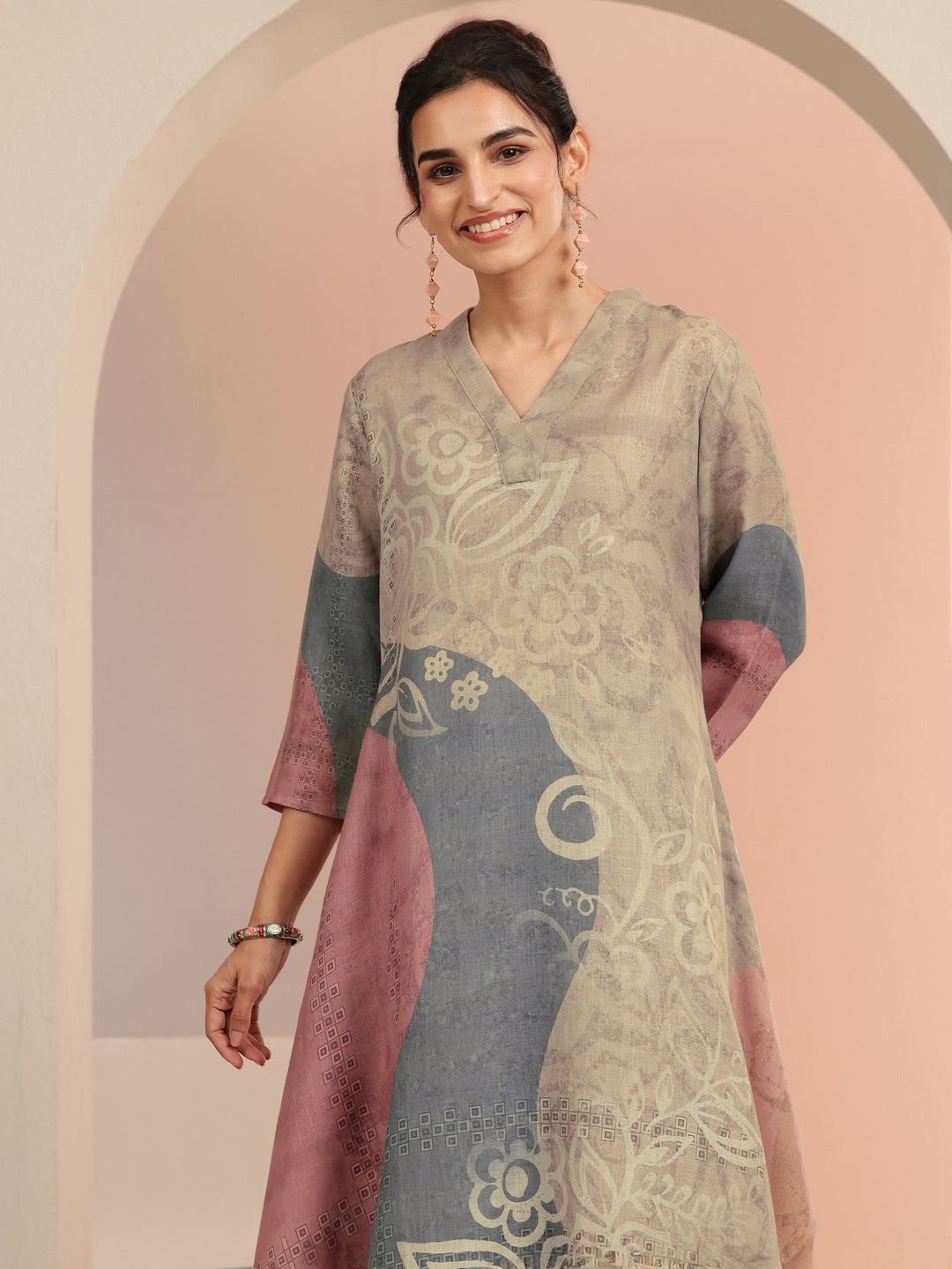  Beige Floral Printed Linen A-Line Kurta Set 