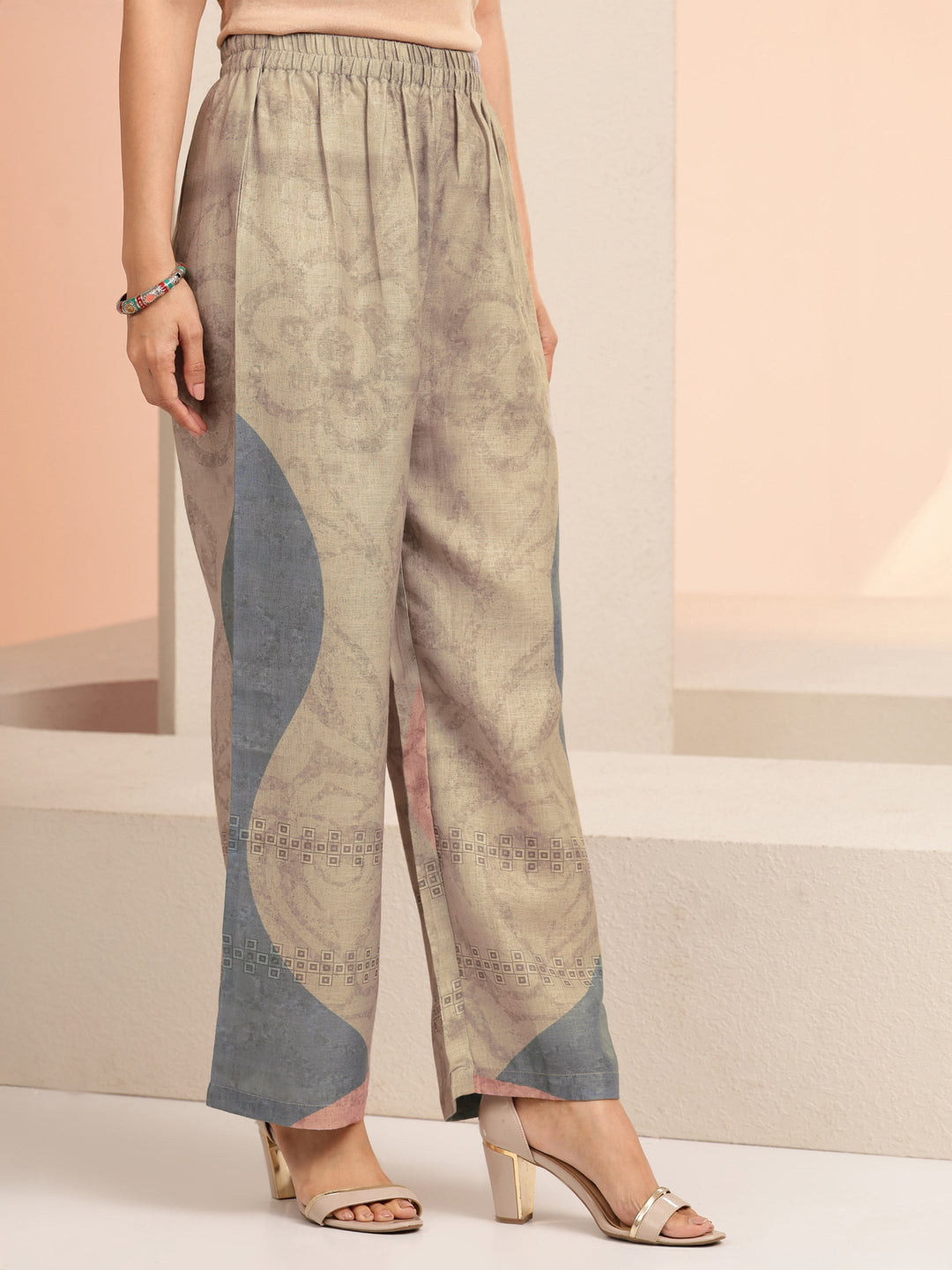  Beige Floral Printed Linen A-Line Kurta Set 