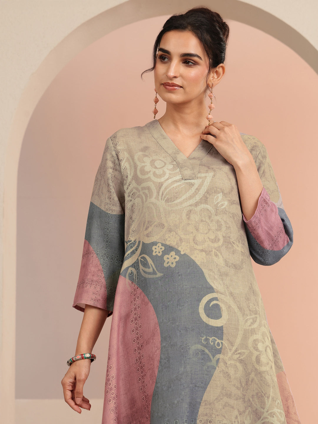  Beige Floral Printed Linen A-Line Kurta Set 