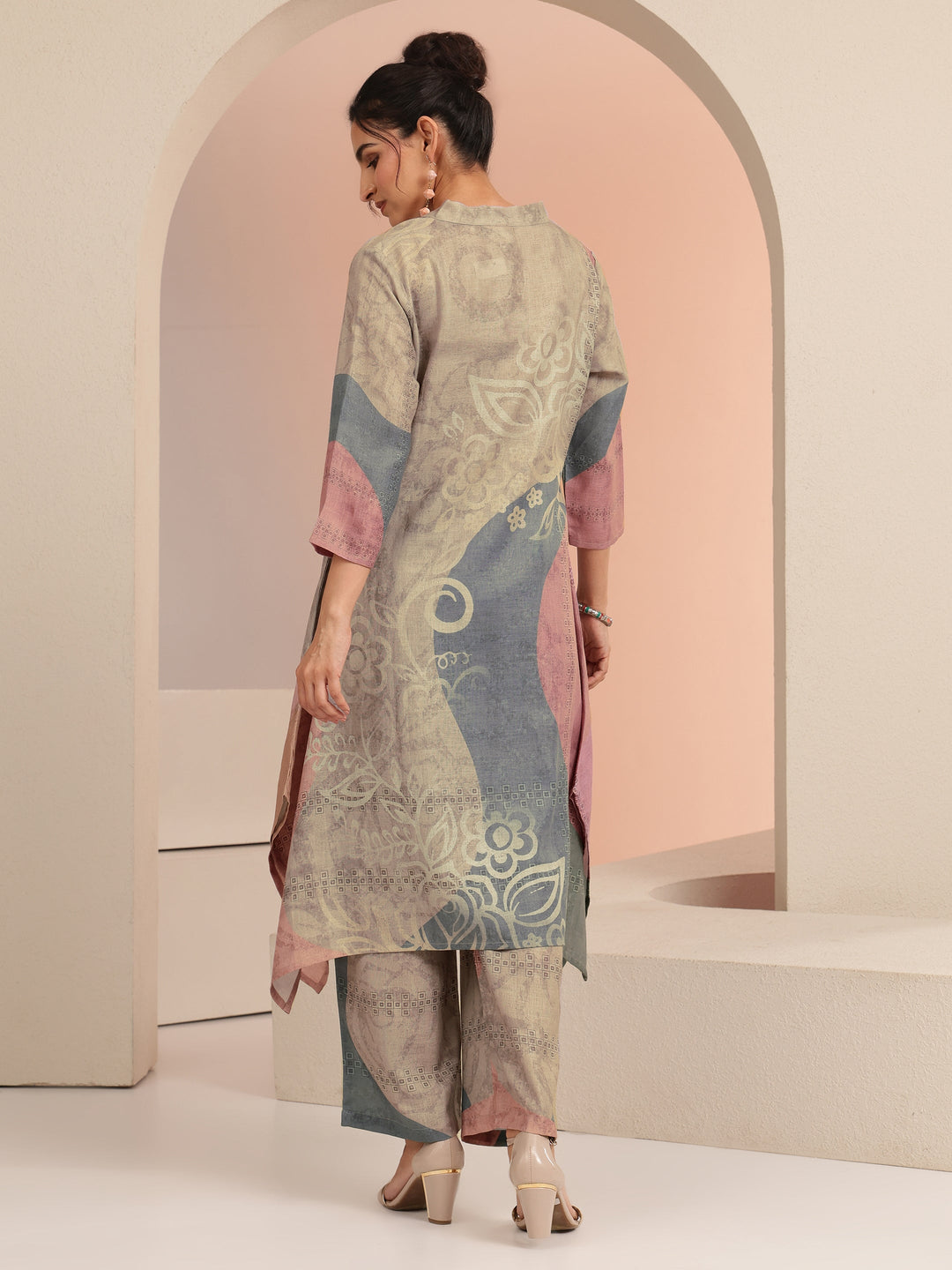  Beige Floral Printed Linen A-Line Kurta Set 