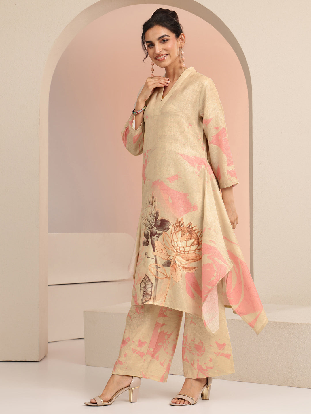  Beige Floral Printed Linen A-Line Kurta Set 