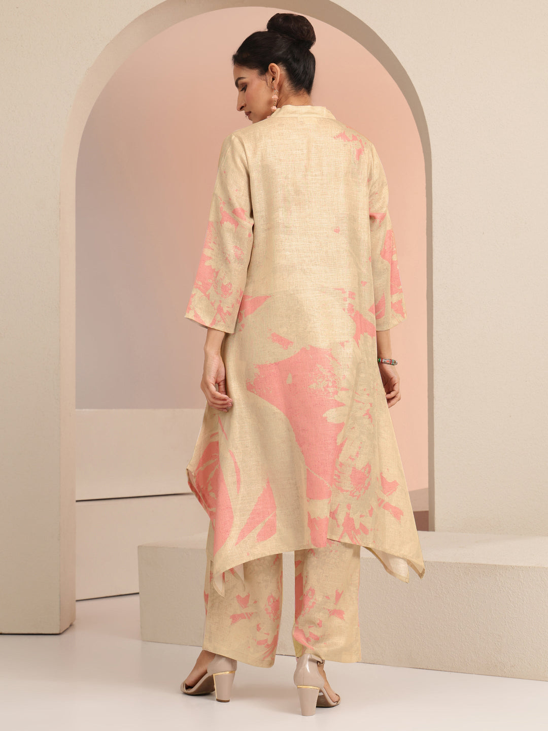  Beige Floral Printed Linen A-Line Kurta Set 
