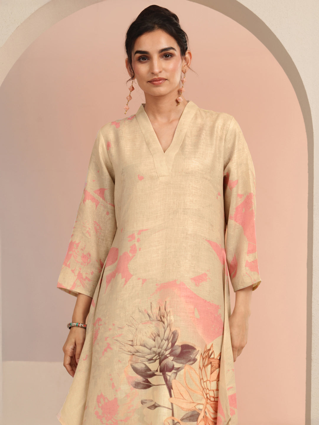  Beige Floral Printed Linen A-Line Kurta Set 