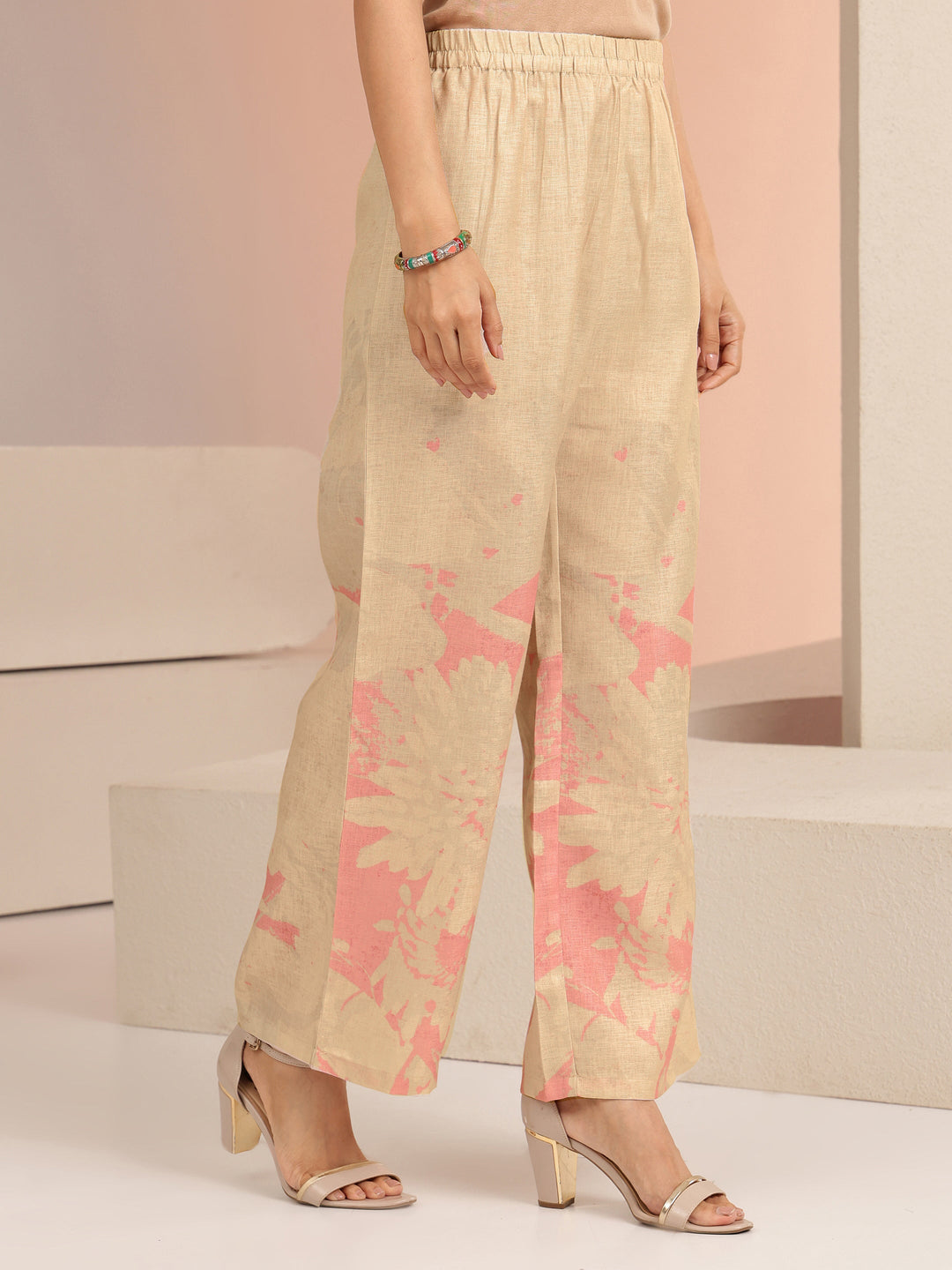  Beige Floral Printed Linen A-Line Kurta Set 
