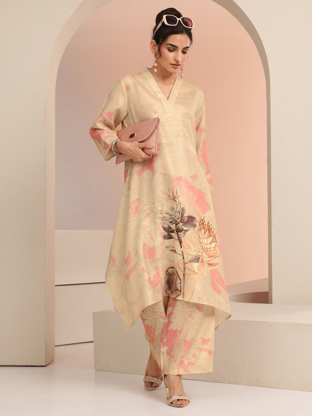 Beige Floral Printed Linen A-Line Kurta Set 