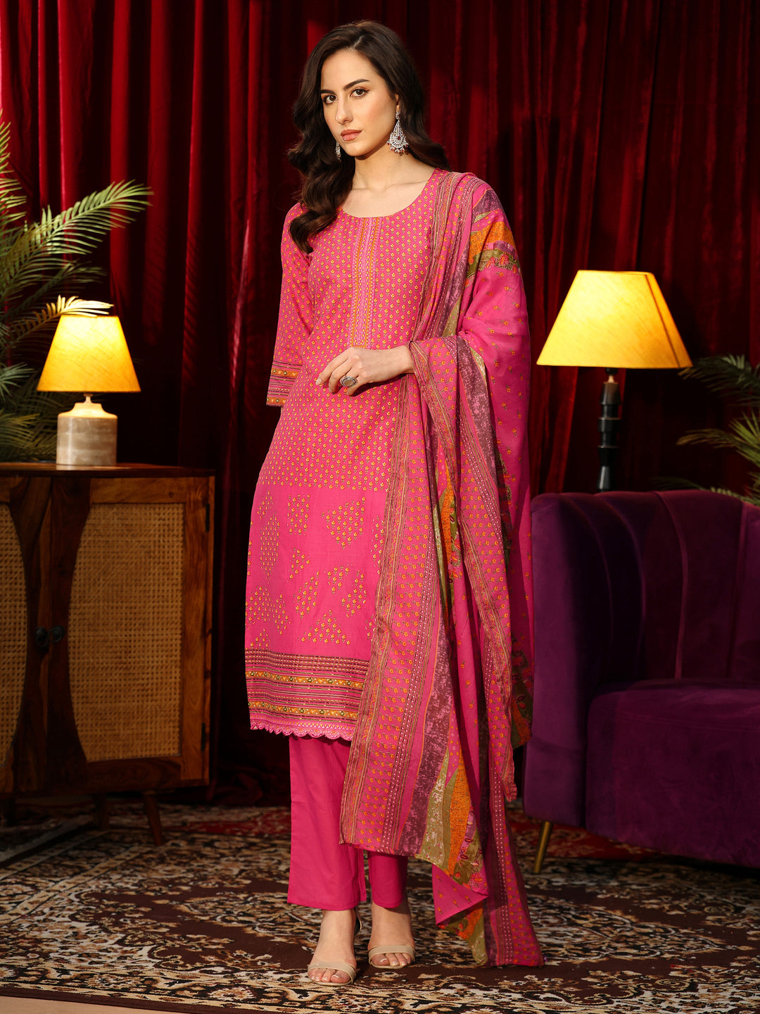  Fuchsia Pink Floral Printed Cotton Blend Straight Suit Set 