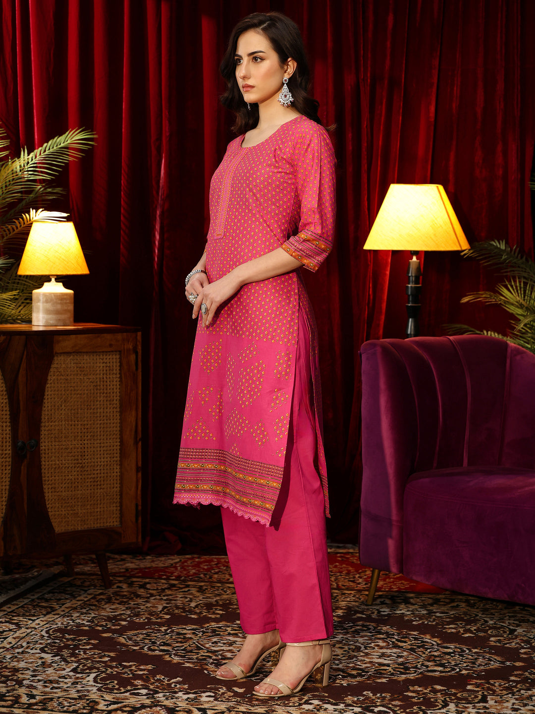  Fuchsia Pink Floral Printed Cotton Blend Straight Suit Set 