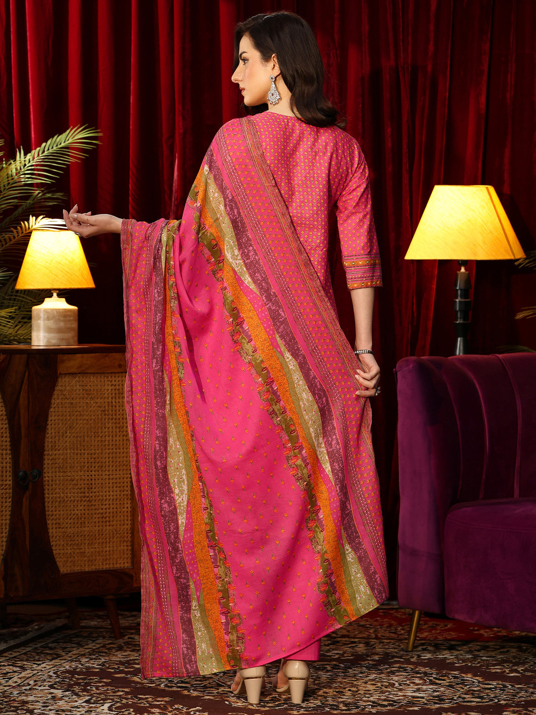  Fuchsia Pink Floral Printed Cotton Blend Straight Suit Set 