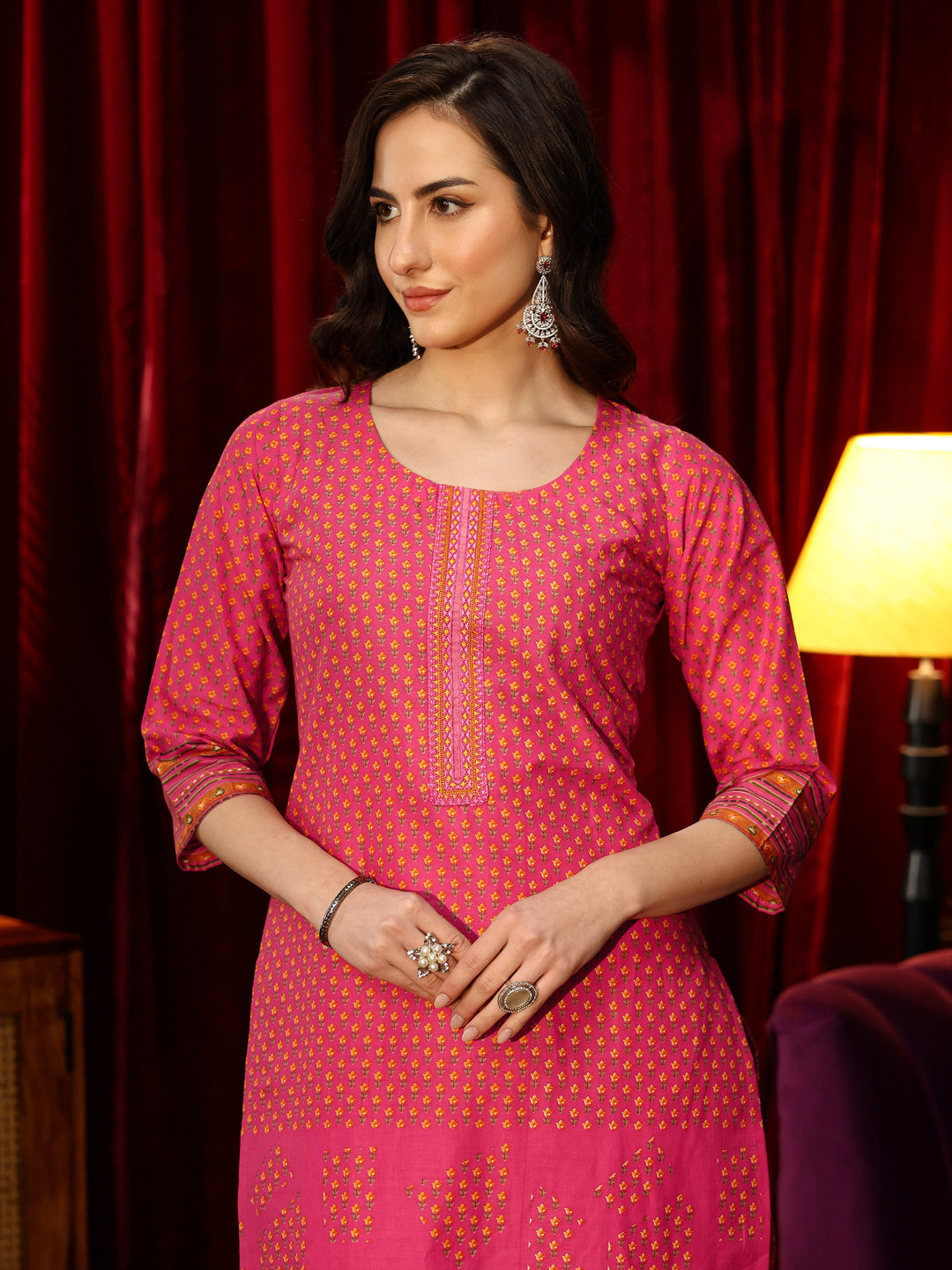  Fuchsia Pink Floral Printed Cotton Blend Straight Suit Set 
