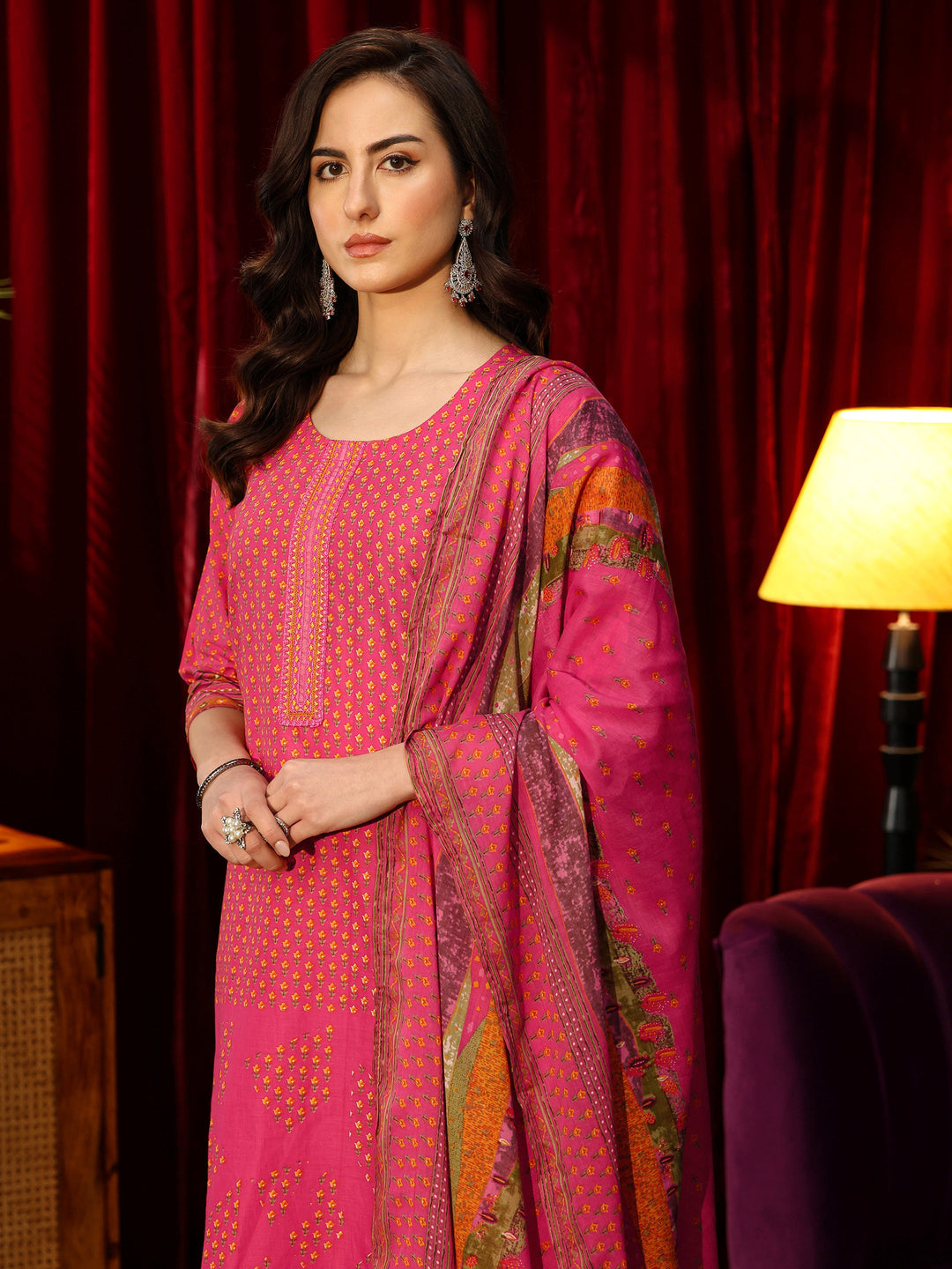  Fuchsia Pink Floral Printed Cotton Blend Straight Suit Set 