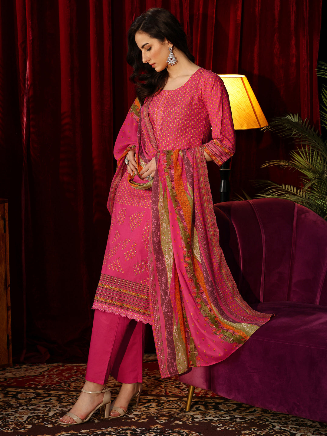  Fuchsia Pink Floral Printed Cotton Blend Straight Suit Set 