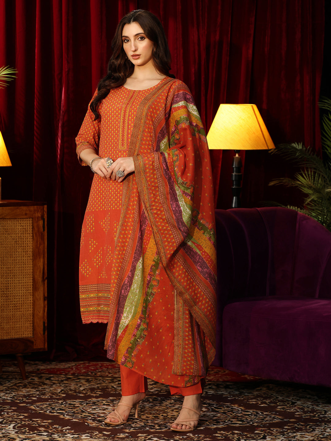  Orange Floral Printed Cotton Blend Straight Suit Set 
