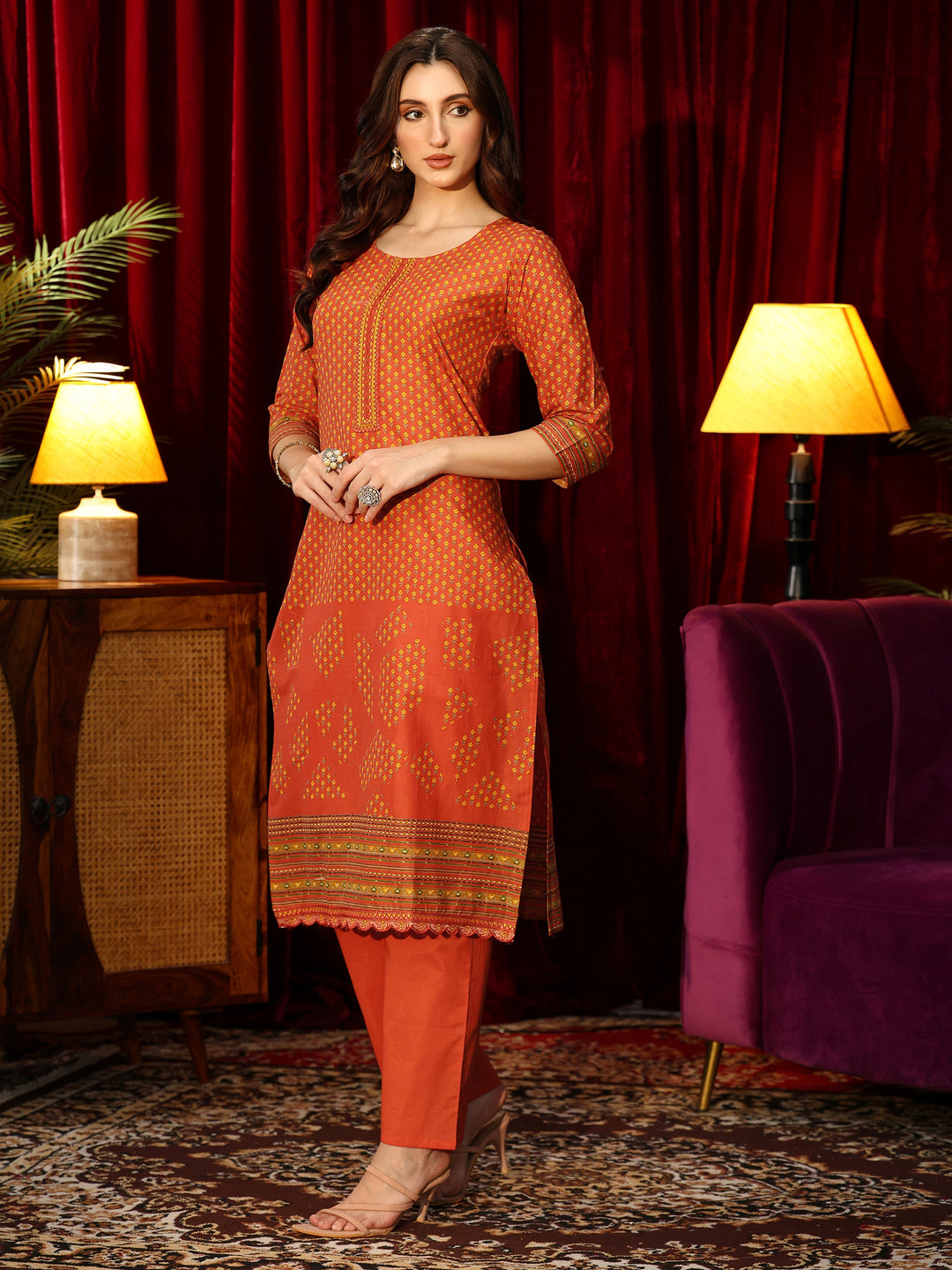  Orange Floral Printed Cotton Blend Straight Suit Set 