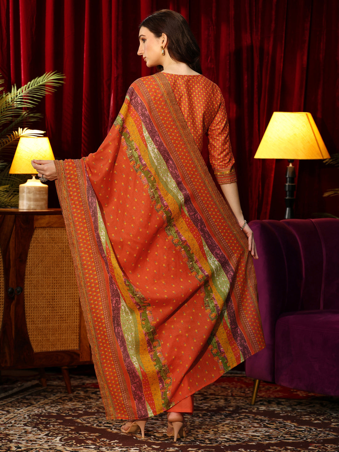  Orange Floral Printed Cotton Blend Straight Suit Set 