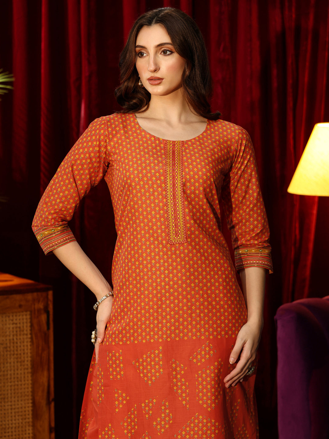  Orange Floral Printed Cotton Blend Straight Suit Set 