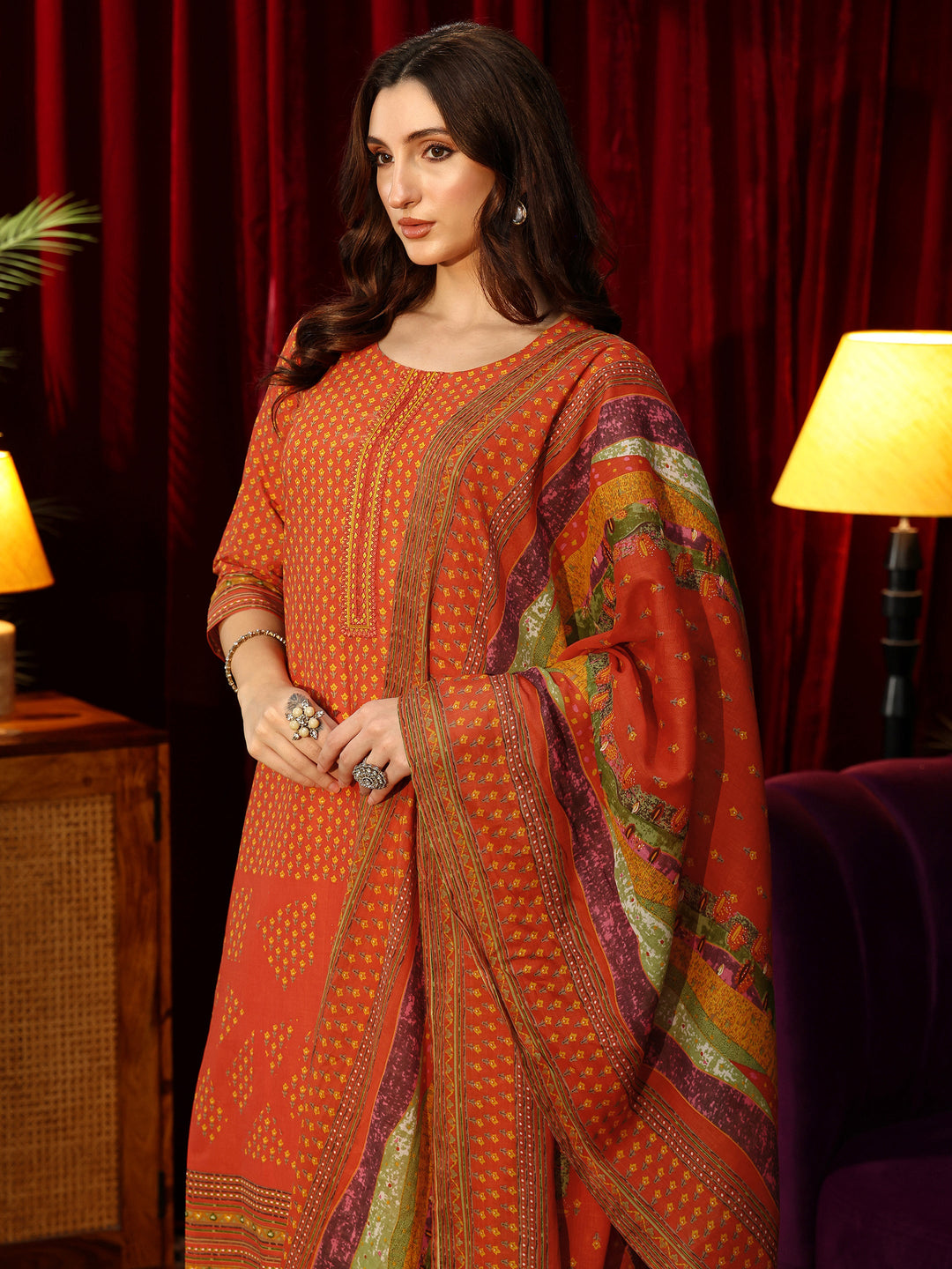  Orange Floral Printed Cotton Blend Straight Suit Set 
