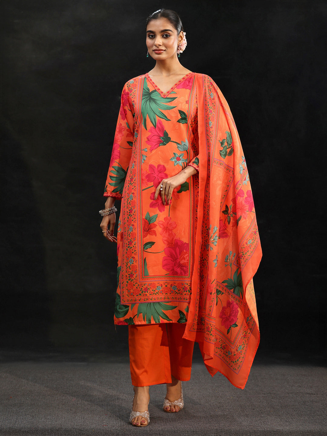  Libas Orange Floral Printed Cotton Blend Straight Suit Set 