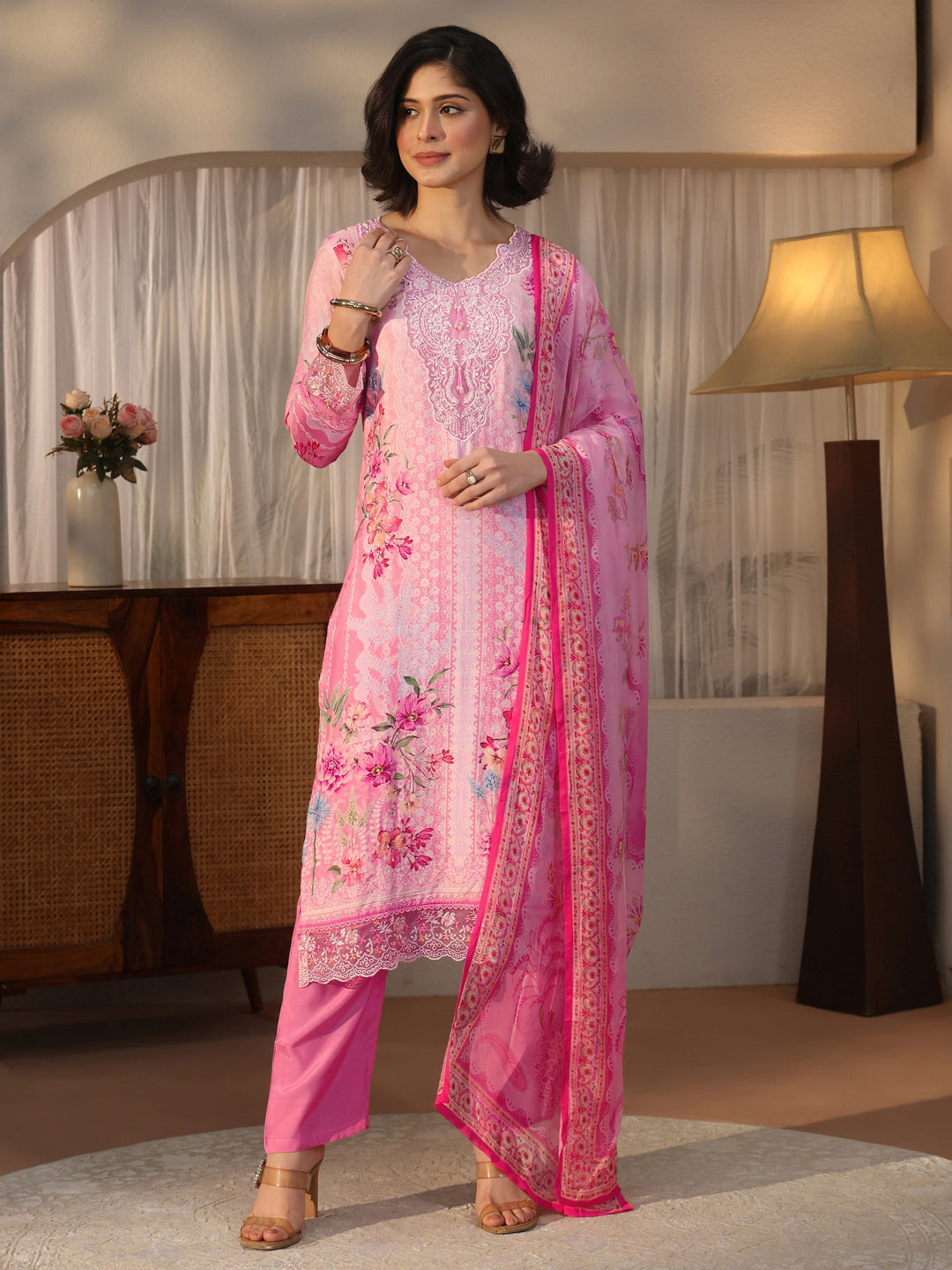  Libas Pink Floral Printed Crepe Straight Suit Set 