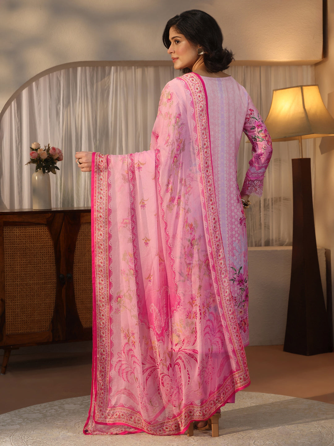  Libas Pink Floral Printed Crepe Straight Suit Set 