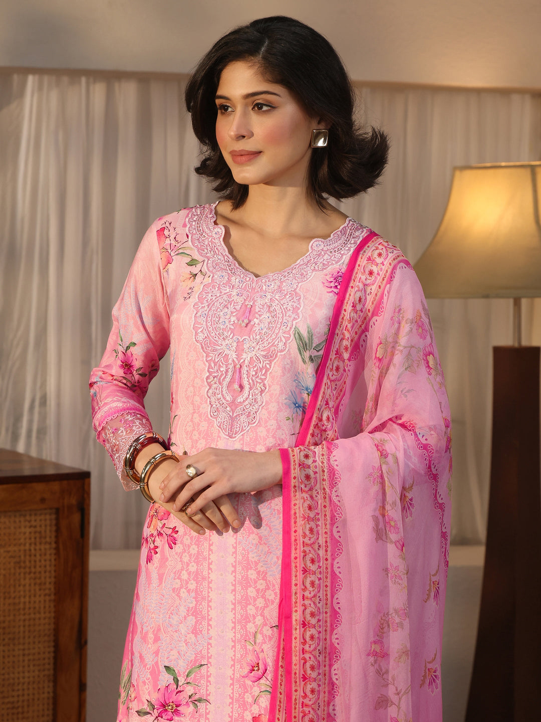  Libas Pink Floral Printed Crepe Straight Suit Set 