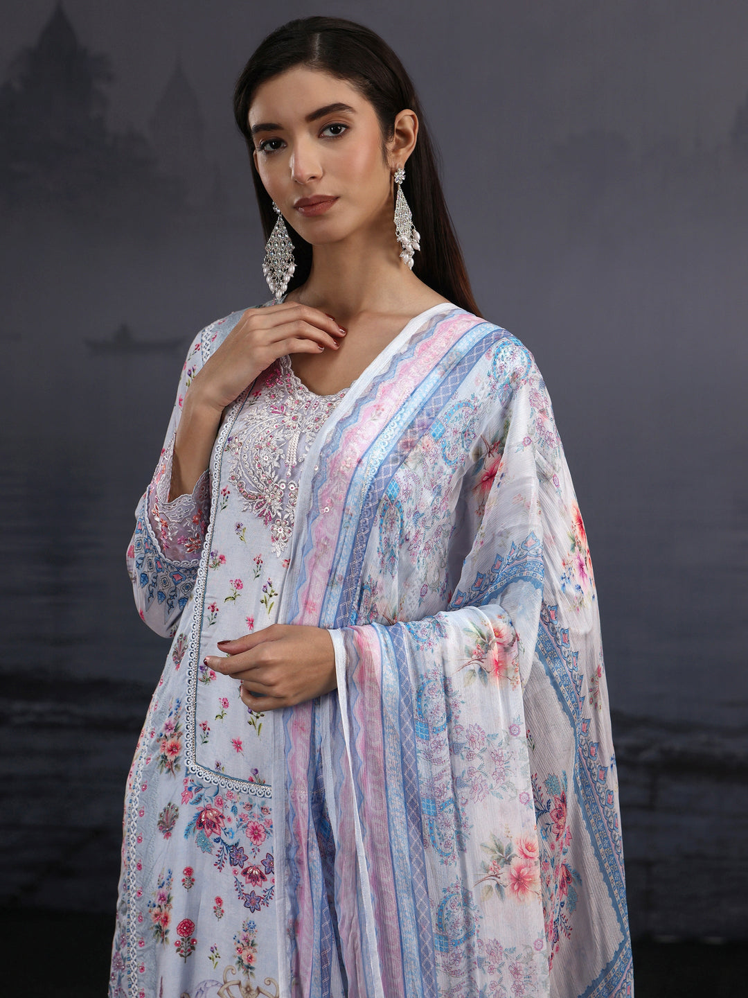 Libas Blue Floral Printed Crepe Straight Suit Set 
