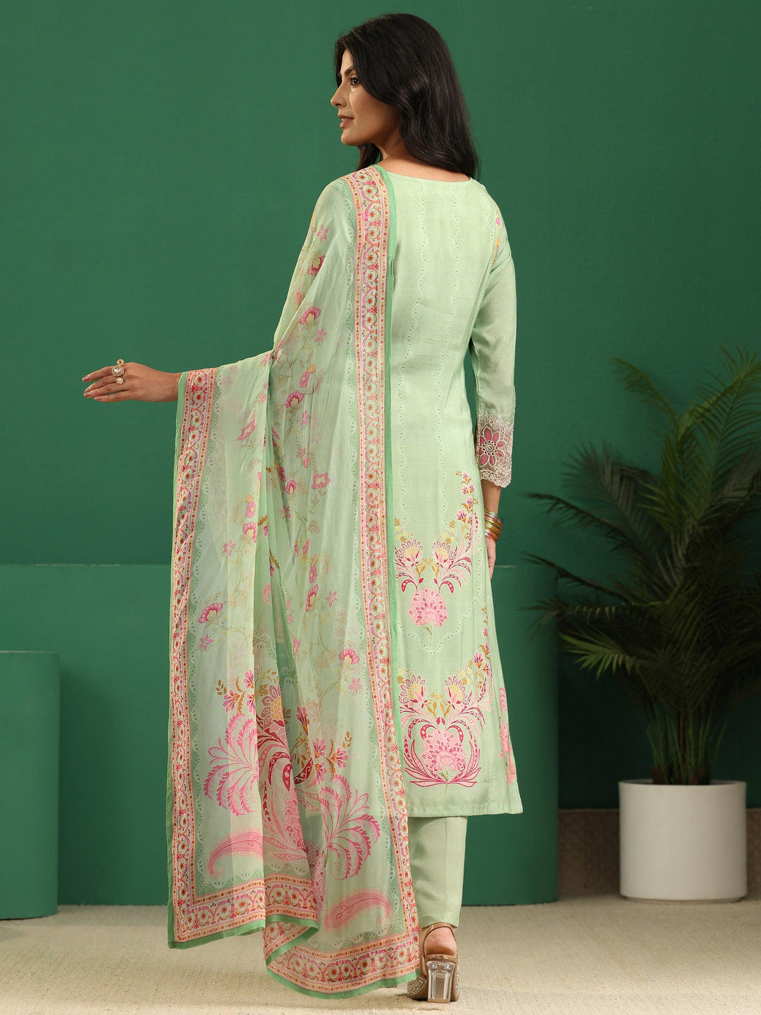  Libas Pista Green Floral Embroidered Crepe Straight Suit Set 