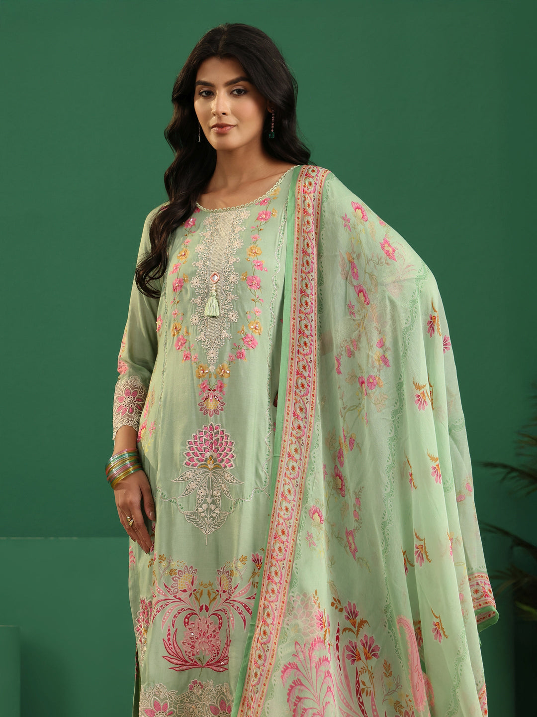  Libas Pista Green Floral Embroidered Crepe Straight Suit Set 