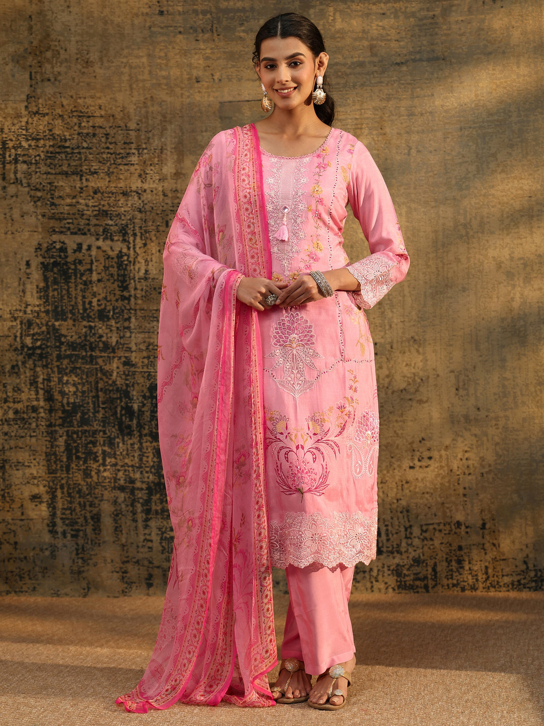  Libas Pink Floral Embroidered Crepe Straight Suit Set 