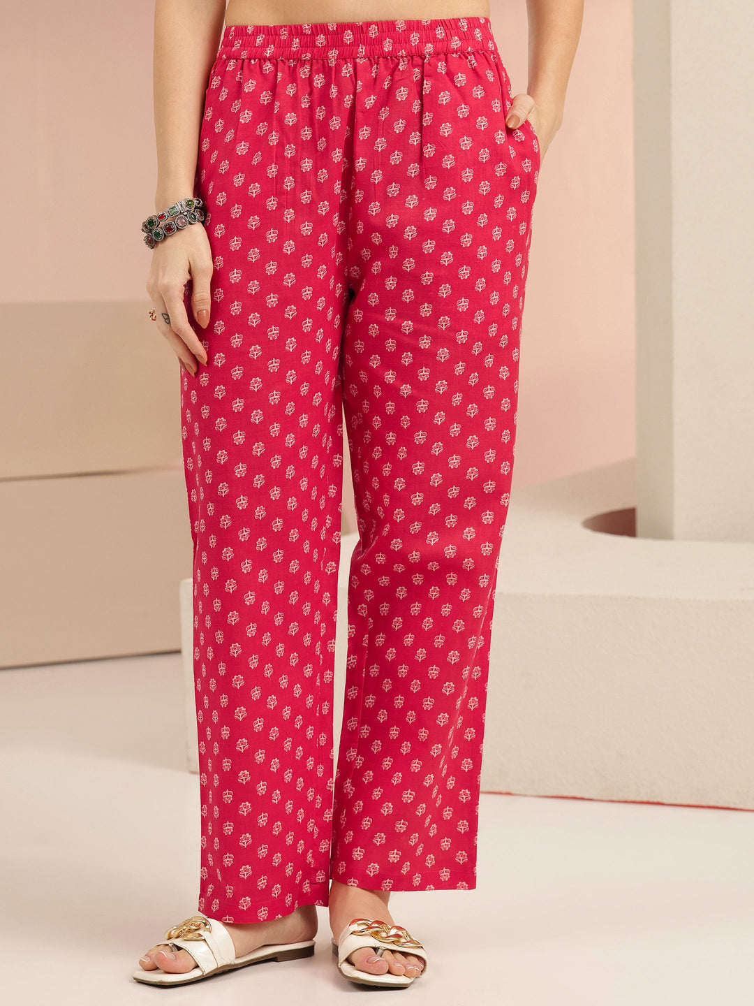  Libas Raspberry Red Floral Printed Cotton Straight Suit Set 